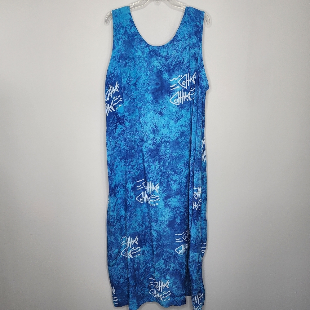 Island‎ Stuff Blue Sleeveless Maxi Dress with Fish Print 1X